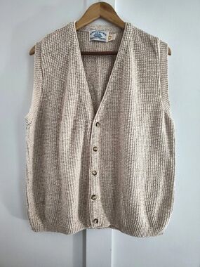 Hampton Bay Vintage Fisherman Core Textured Beige Button Front Sweater Vest | Lg
